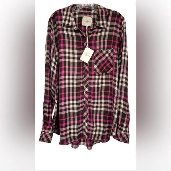 NWT Casa Cabana Plaid Oversized Flannel Button Down Size XS Brown Raspberry - Picture 1 of 6